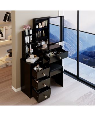 29.2" Small Space Left Bedside Cabinet Vanity Table + Cushioned Stool, Extra Large Right Sliding Mirror