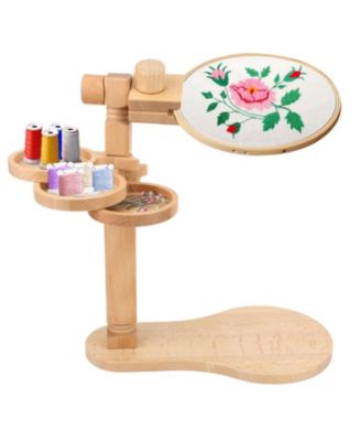 Adjustable Wooden Embroidery Hoop Stand With Tool Storage Discs