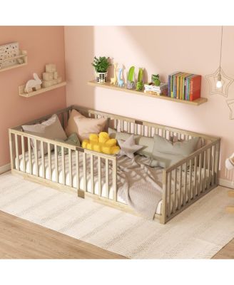 Twin Floor Bed with High Fence Railings and Safety Guardrails