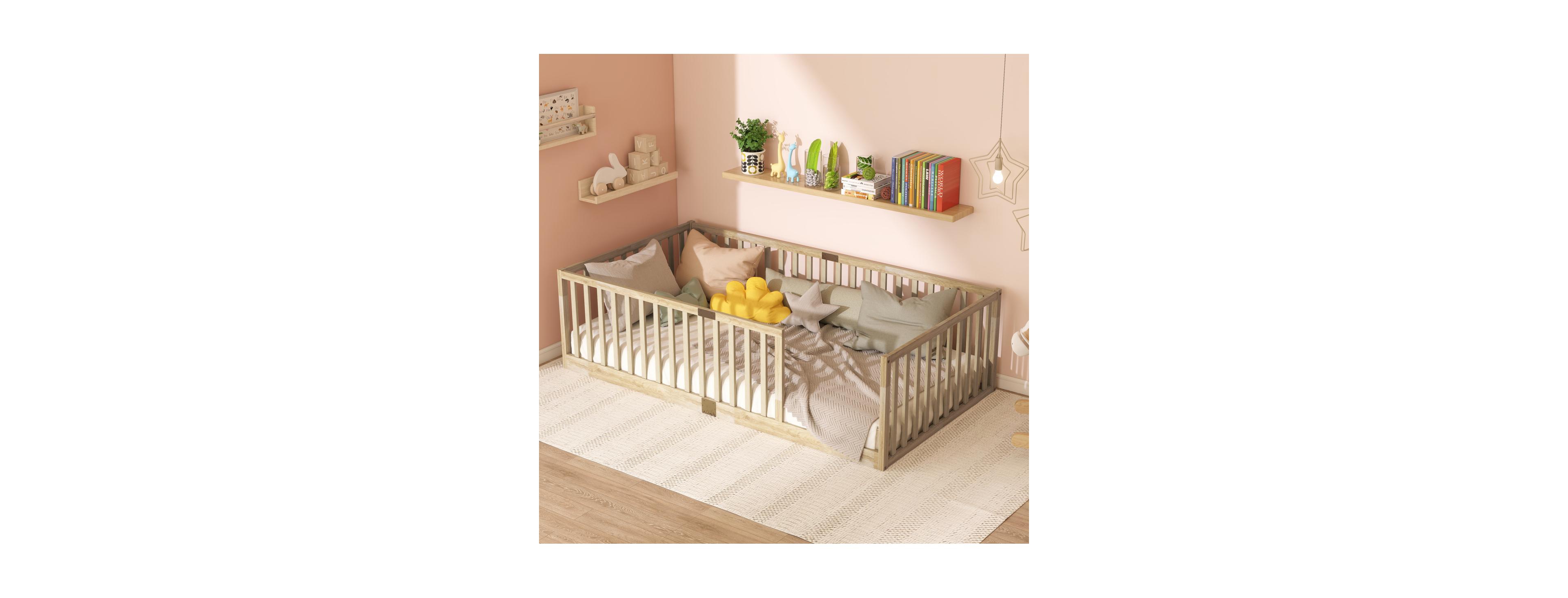 Streamdale Furniture Twin Floor Bed with High Fence Railings and Safety Guardrails