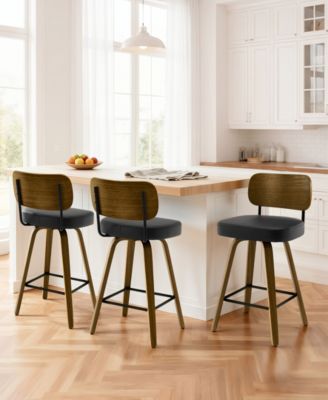 26" Swivel Bar Stool, Faux Leather with Bentwood Frame and Footrest, Counter Height for Kitchen Island, Mid-Century Modern