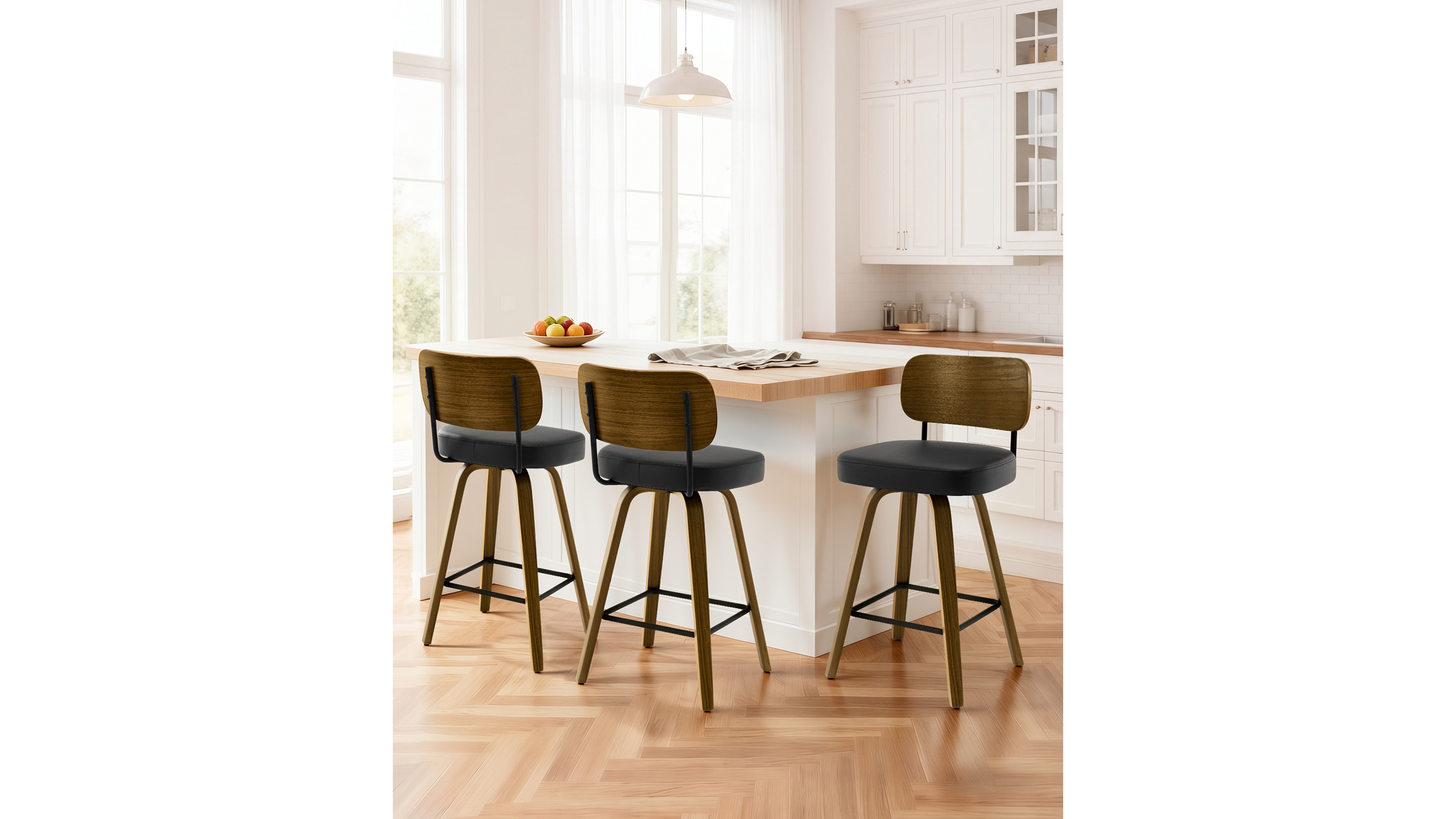 Bekrvio 26" Swivel Bar Stool, Faux Leather with Bentwood Frame and Footrest, Counter Height for Kitchen Island