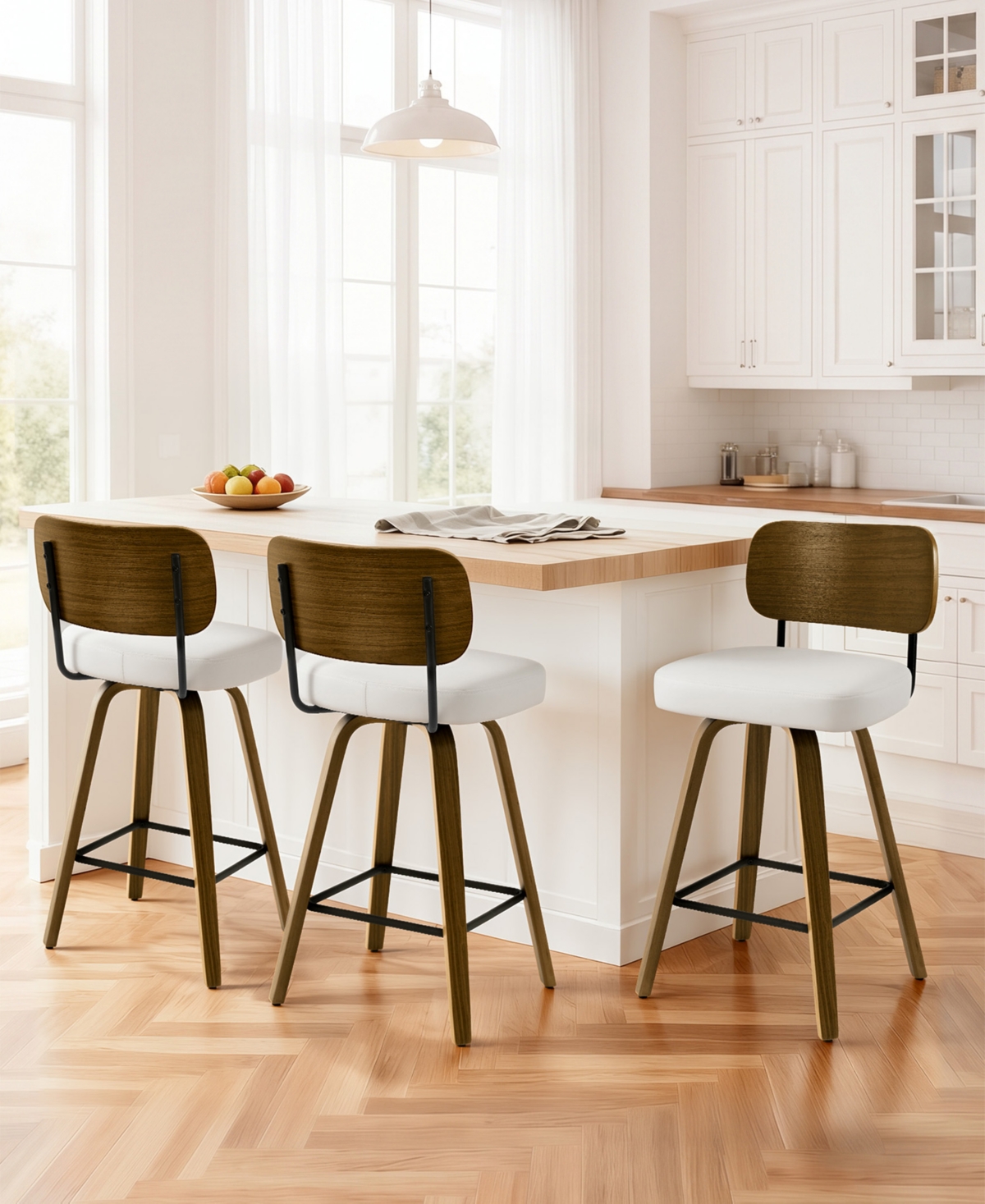 Bekrvio 26" Swivel Bar Stool, Faux Leather with Bentwood Frame and Footrest, Counter Height for Kitchen Island, Mid-Century Modern - White