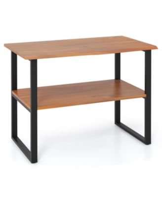 2 Tier Teak Wood End Table Sofa Side for Living Room Hallway Laundry