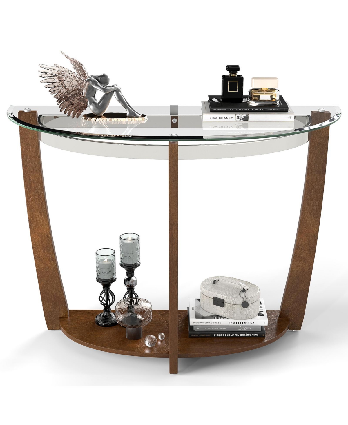 Mecale 2 Tier Tempered Glass Console Table with Clear Glass Top and Open Shelf - Walnut