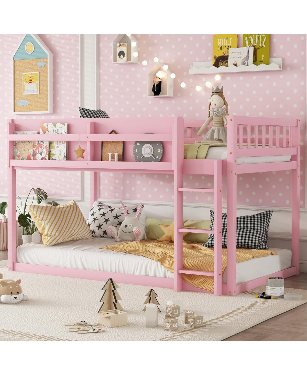Streamdale Furniture Low Twin Over Twin Solid Wood Floor Bunk Bed with Ladder