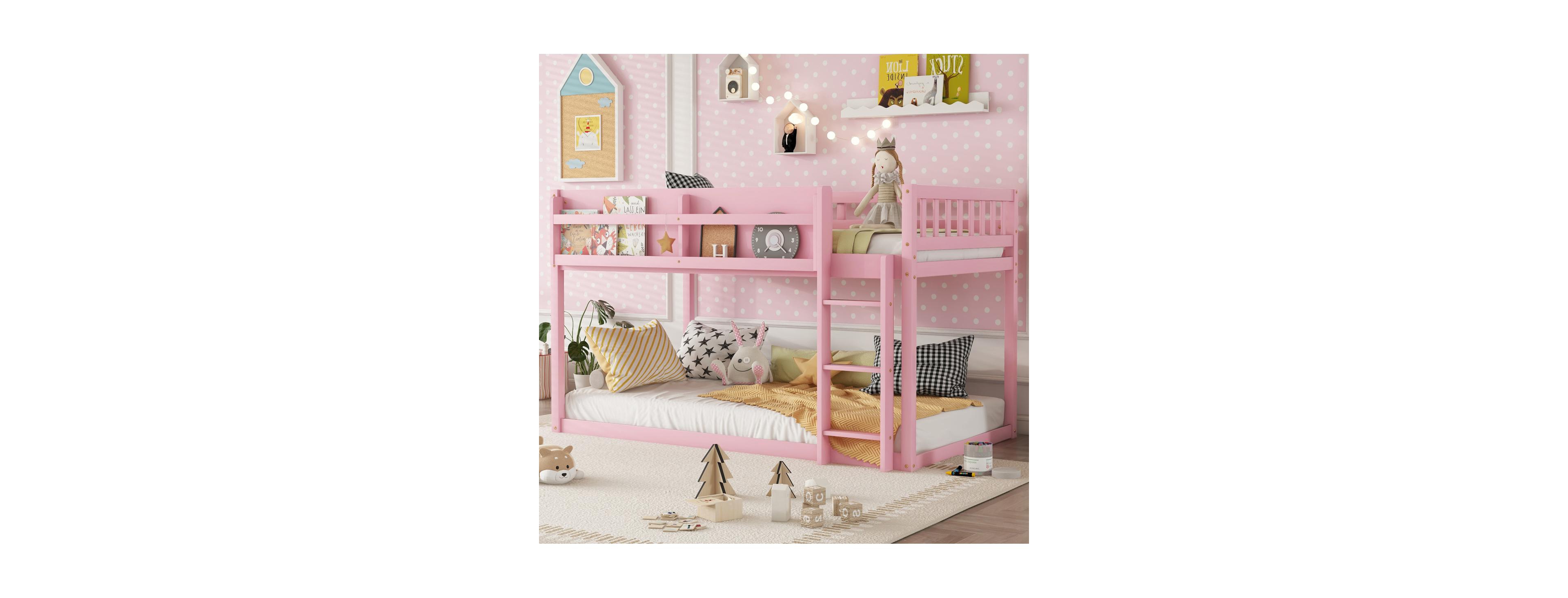 Streamdale Furniture Low Twin Over Twin Solid Wood Floor Bunk Bed with Ladder