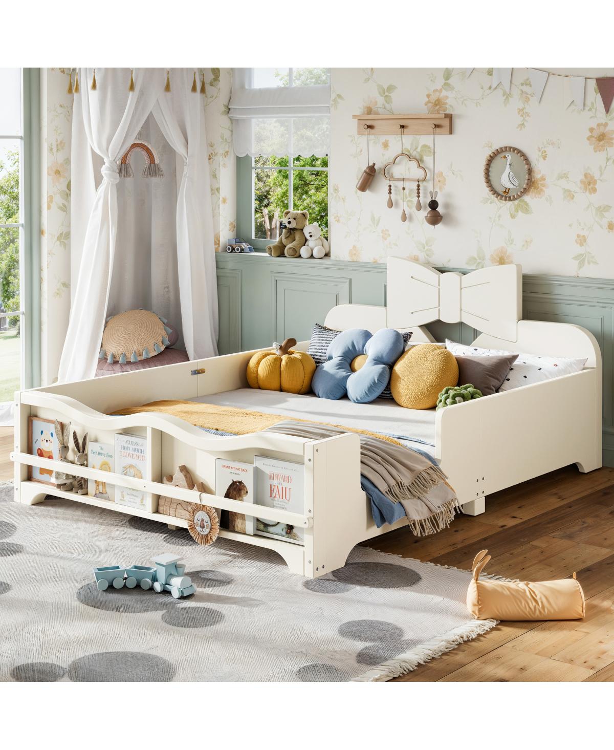 Streamdale Furniture Kids Wood Full Platform Bed with Bowknot Headboard and Guardrails