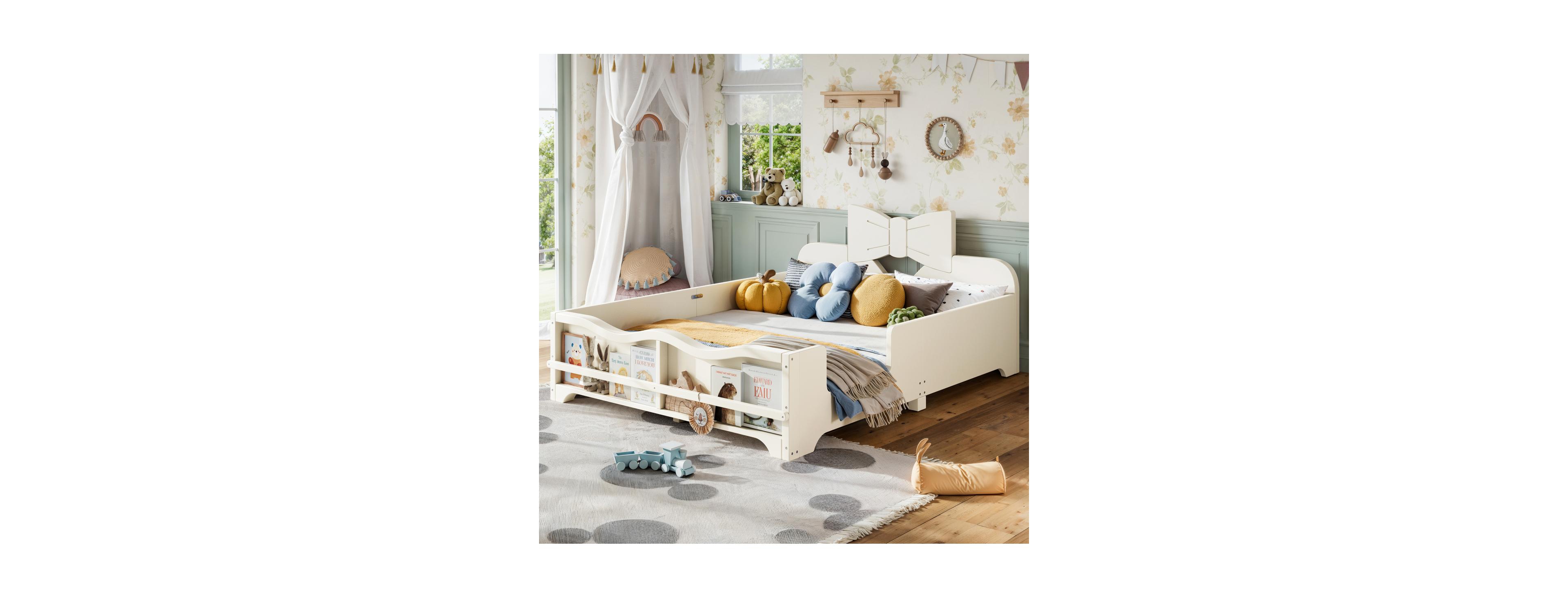 Streamdale Furniture Kids Wood Full Platform Bed with Bowknot Headboard and Guardrails