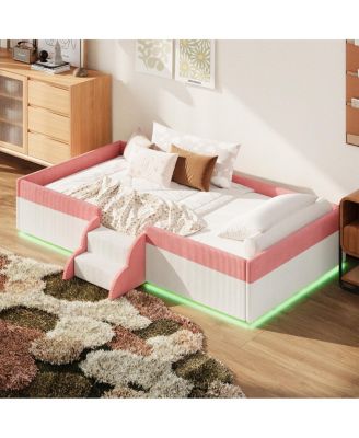 Twin Upholstered Floor Bed with Fence, Steps and LED Lights