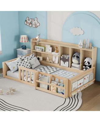 Twin Wooden Kids Platform Bed with Guardrail, Storage, and Bookshelf