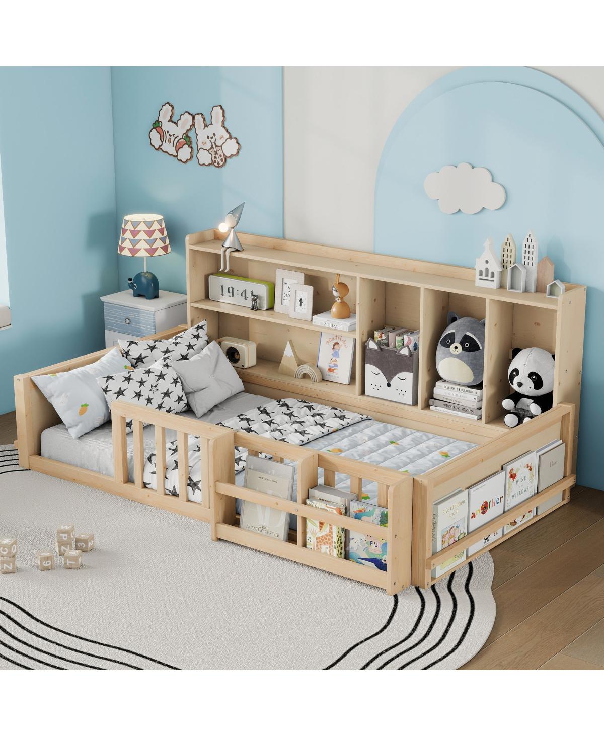 Streamdale Furniture Streamdale Twin Wooden Kids Platform Bed with Guardrail, Storage, and Bookshelf - Natural