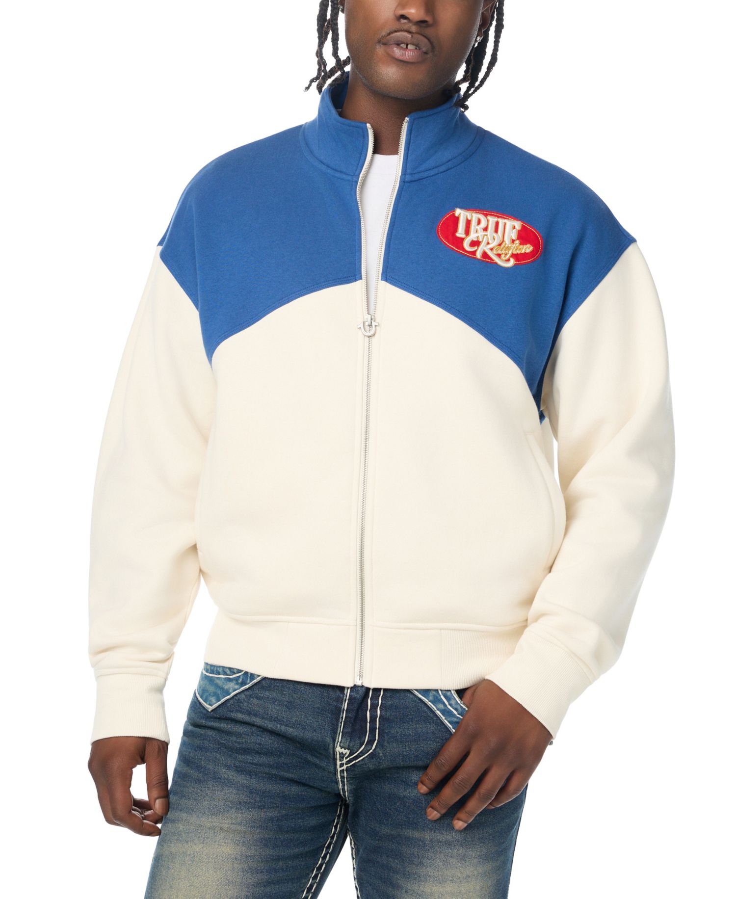 Men's Mock-Neck Boxy Color-Blocking Zip Jacket
