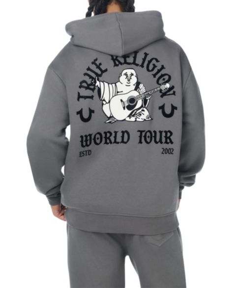 Мужское флисовое худи True Religion с принтом Buddha на молнии, цвет: Серый