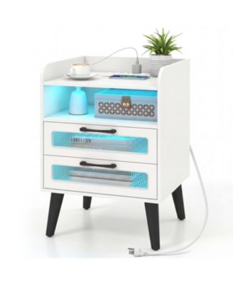 Mid Century Modern Nightstand with Charging Station and LED Lights