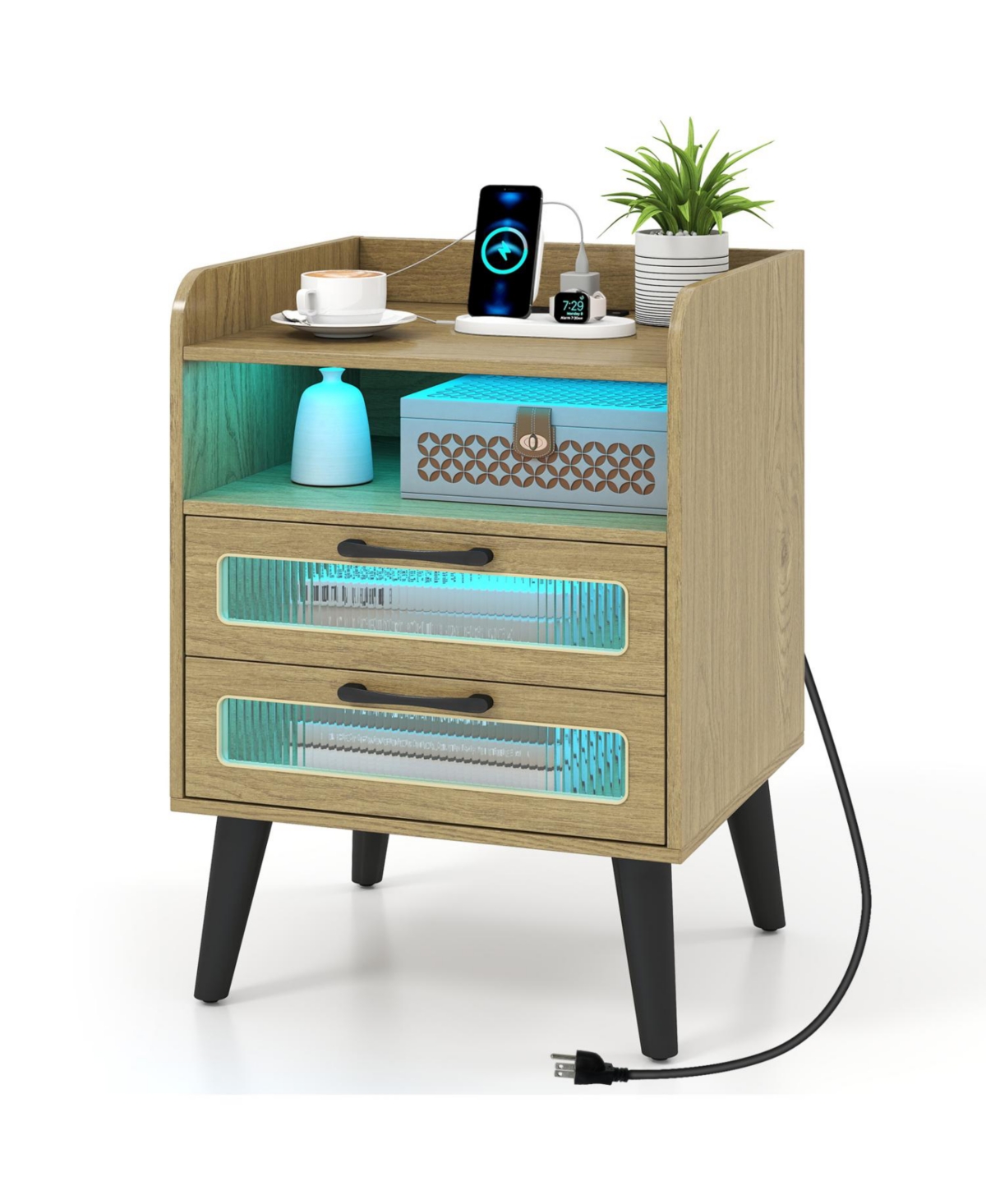 Mecale Mid Century Modern Nightstand with Charging Station and Led Lights