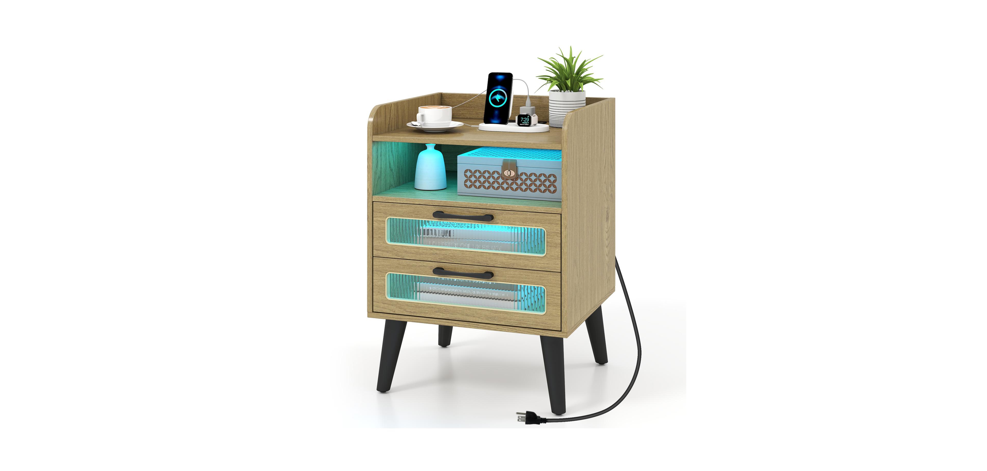 Mecale Mid Century Modern Nightstand with Charging Station and Led Lights