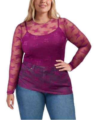 Women's Plus Size Sheer Lace Crew Long Sleeve Top
