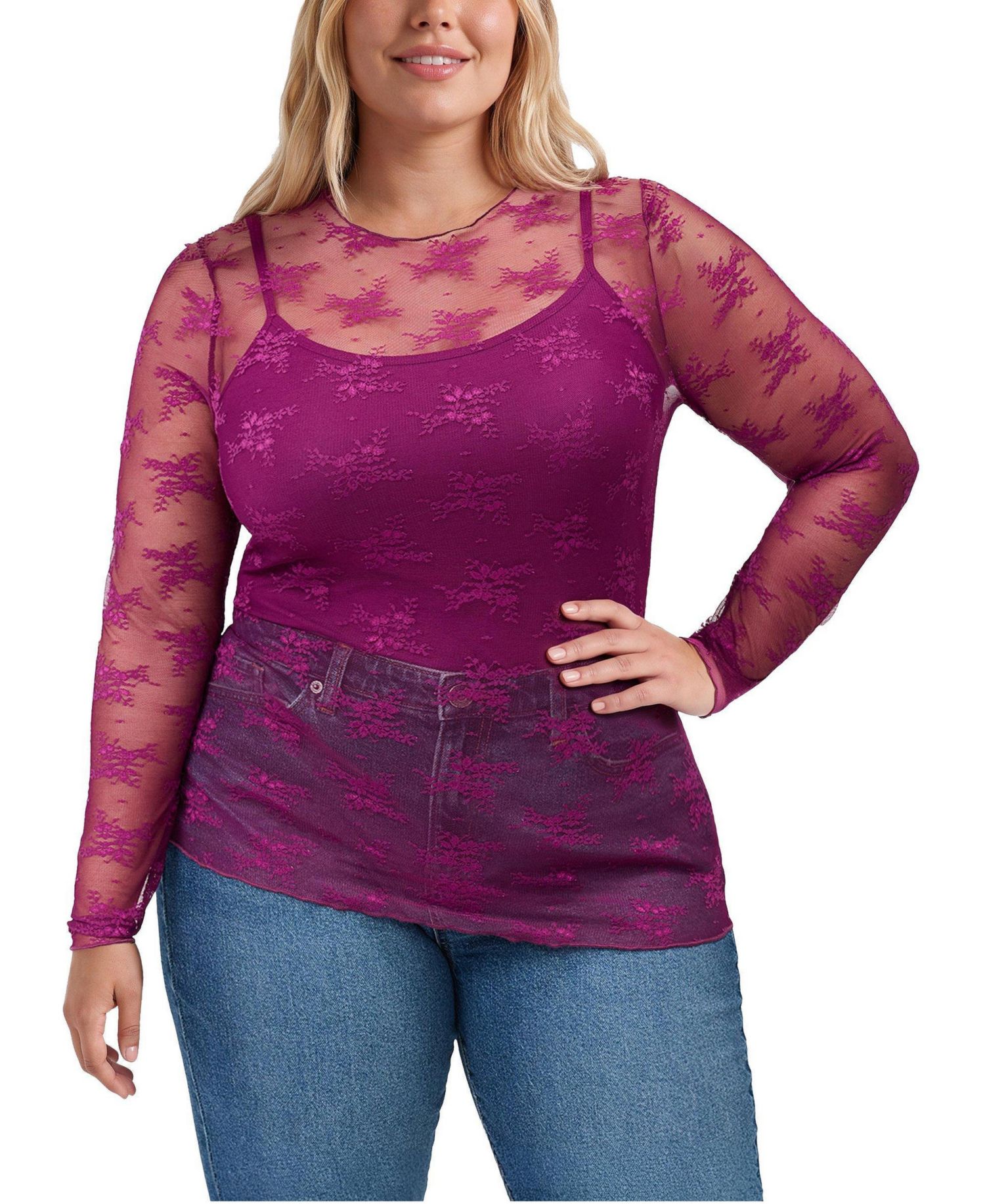 Women's Plus Size Sheer Lace Crew Long Sleeve Top