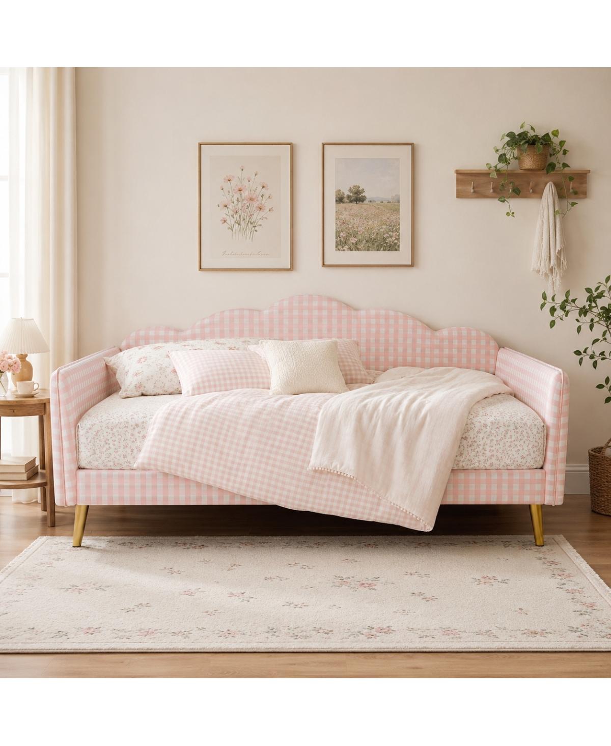 Streamdale Furniture Gingham Twin Upholstered Platform Daybed with Headboard - Pink