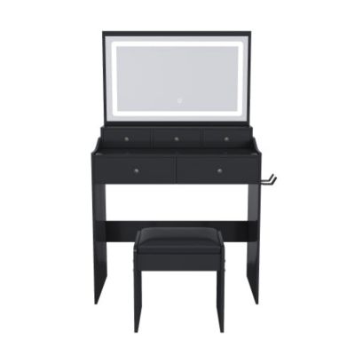 Modern Vanity Desk Set, Extra Large 30.3 Inch x 19.3 Inch LED Mirror, 5 Drawers, Power Outlet and Hair Dryer Holder