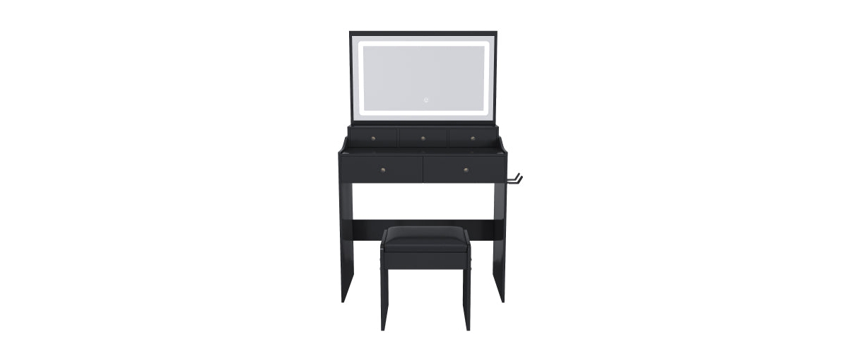 Flynama Modern Vanity Desk Set, Extra Large 30.3 Inch x 19.3 Inch Led Mirror, 5 Drawers, Power Outlet and Hair Dryer Holder