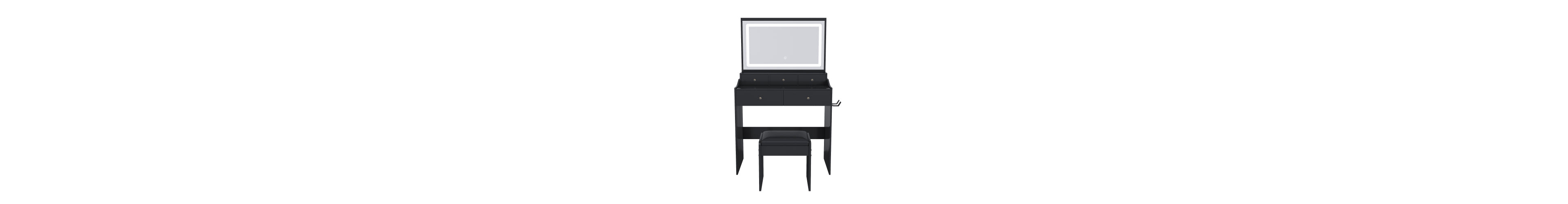 Flynama Modern Vanity Desk Set, Extra Large 30.3 Inch x 19.3 Inch Led Mirror, 5 Drawers, Power Outlet and Hair Dryer Holder