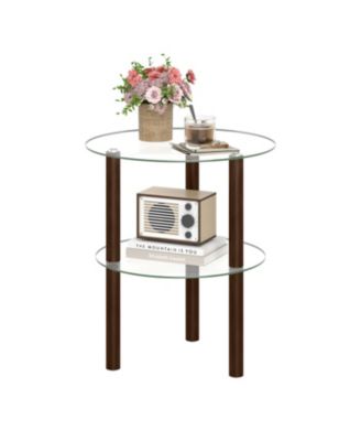2 Tier Round End Table with Clear Tempered Glass Top and Shelf