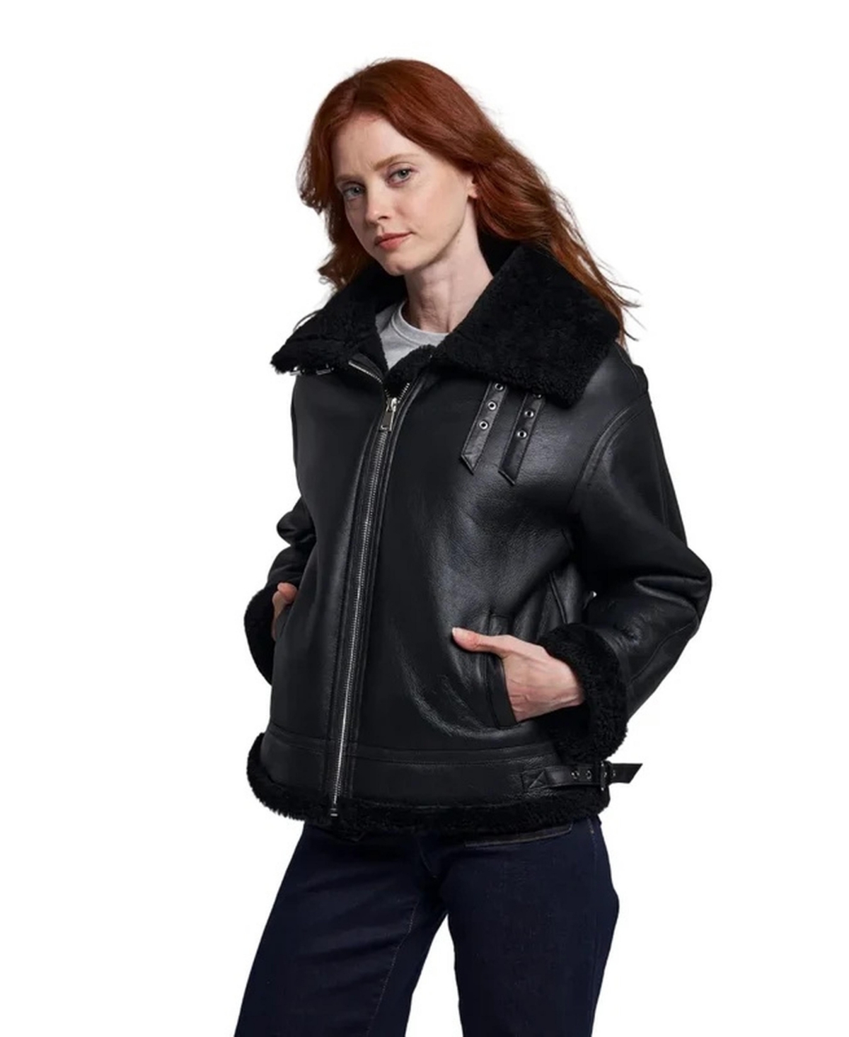 Blue Duck Women's Shearling Moto Oversized Collar Jacket - Black