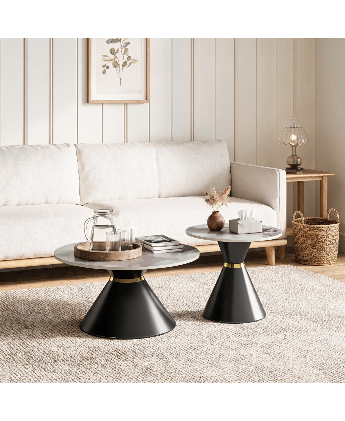 Streamdale Furniture Round Sintered Stone Nesting Coffee Table Set of 2 with Base