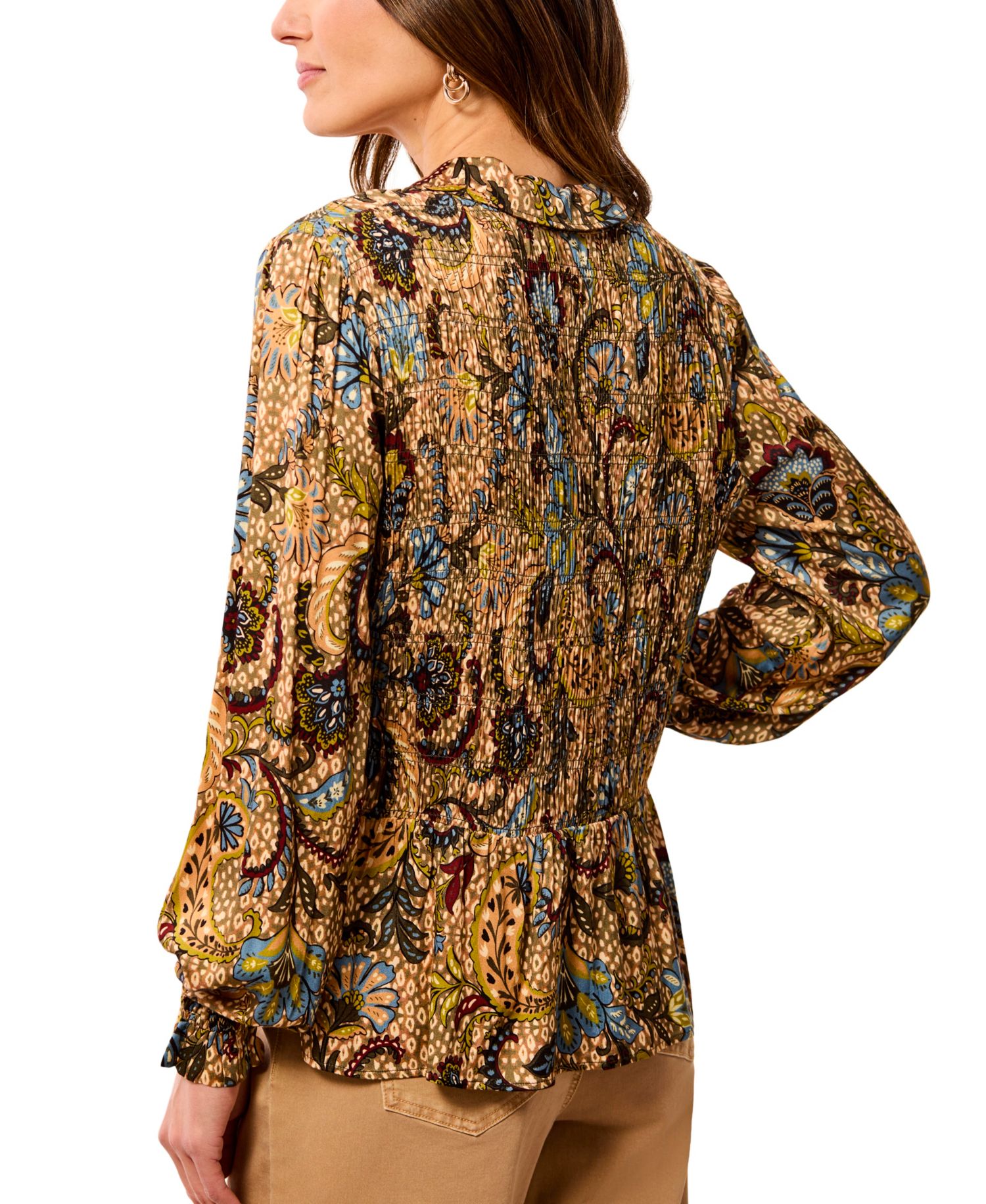 Women's Balloon-Sleeve Smocked Paisley-Print Blouse