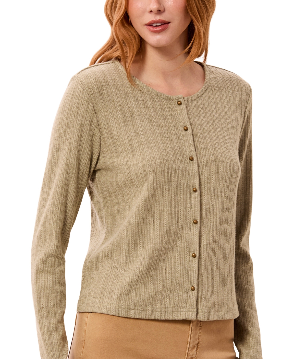 Tribal Women's Vertical Cable Knit Crewneck Cardigan In Neutral