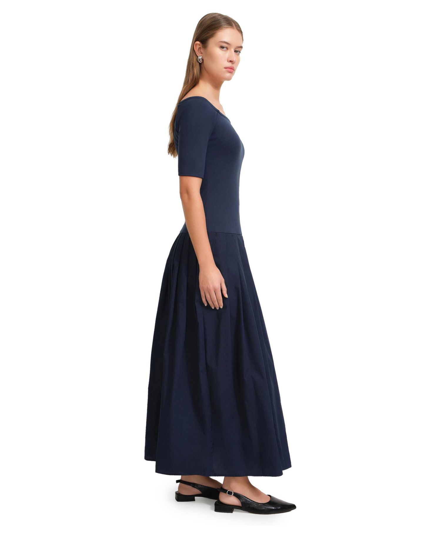 Women's Mila Off-Shoulder Dropped-Waist Pleated Cotton Dress with Pockets