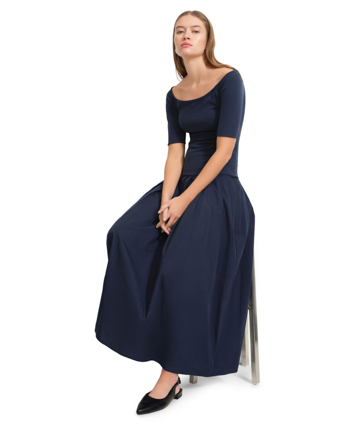Women's Mila Off-Shoulder Dropped-Waist Pleated Cotton Dress with Pockets