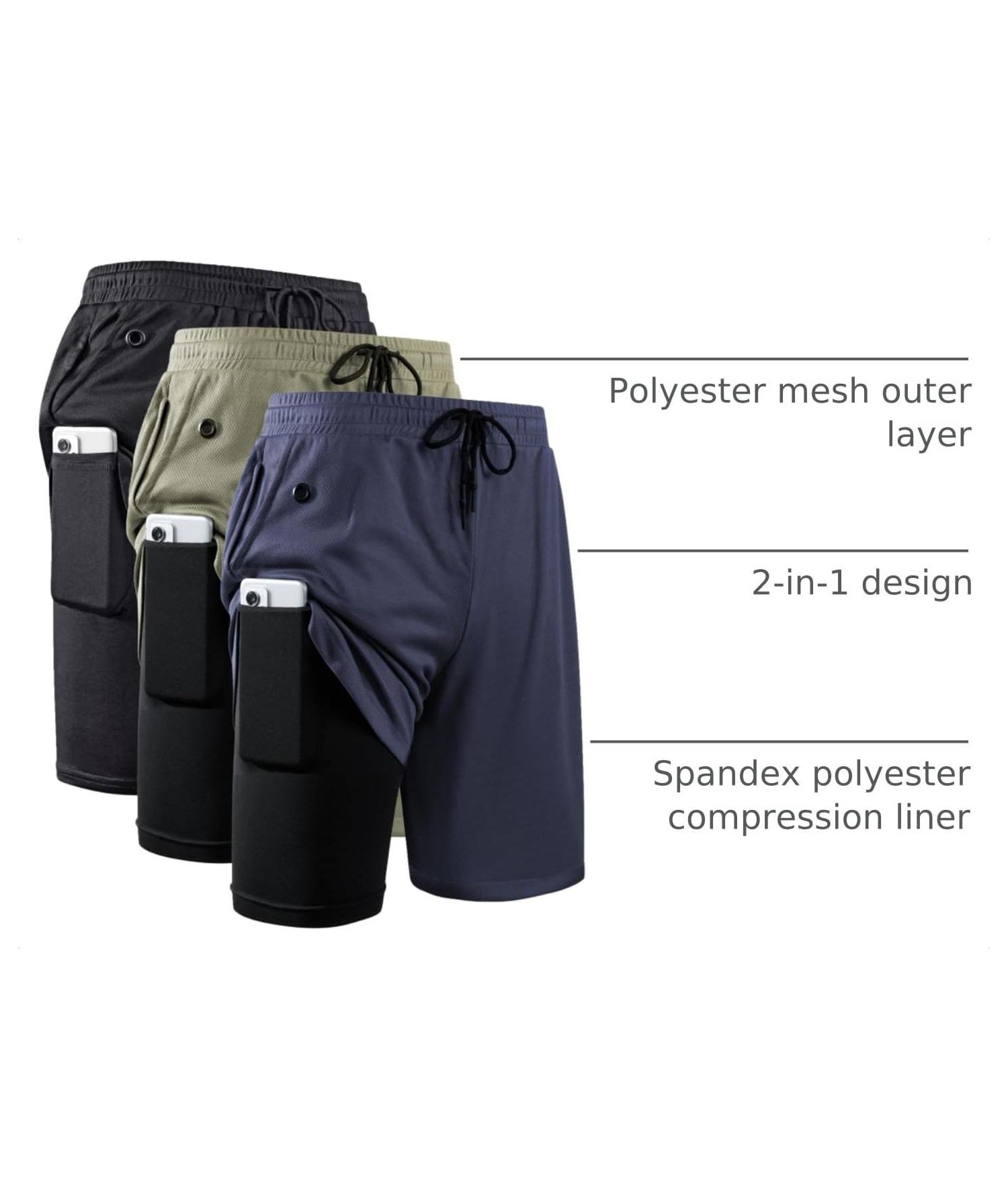 Men's 2 In 1 Workout Running Shorts 7 Inch Lightweight Athletic Gym With Liner Pockets