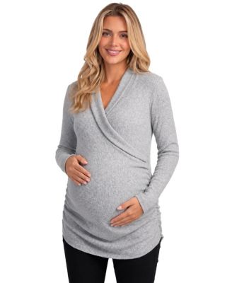 Maternity Nursing Ribbed-Knit Crossover V-Neck Long-Sleeve Top