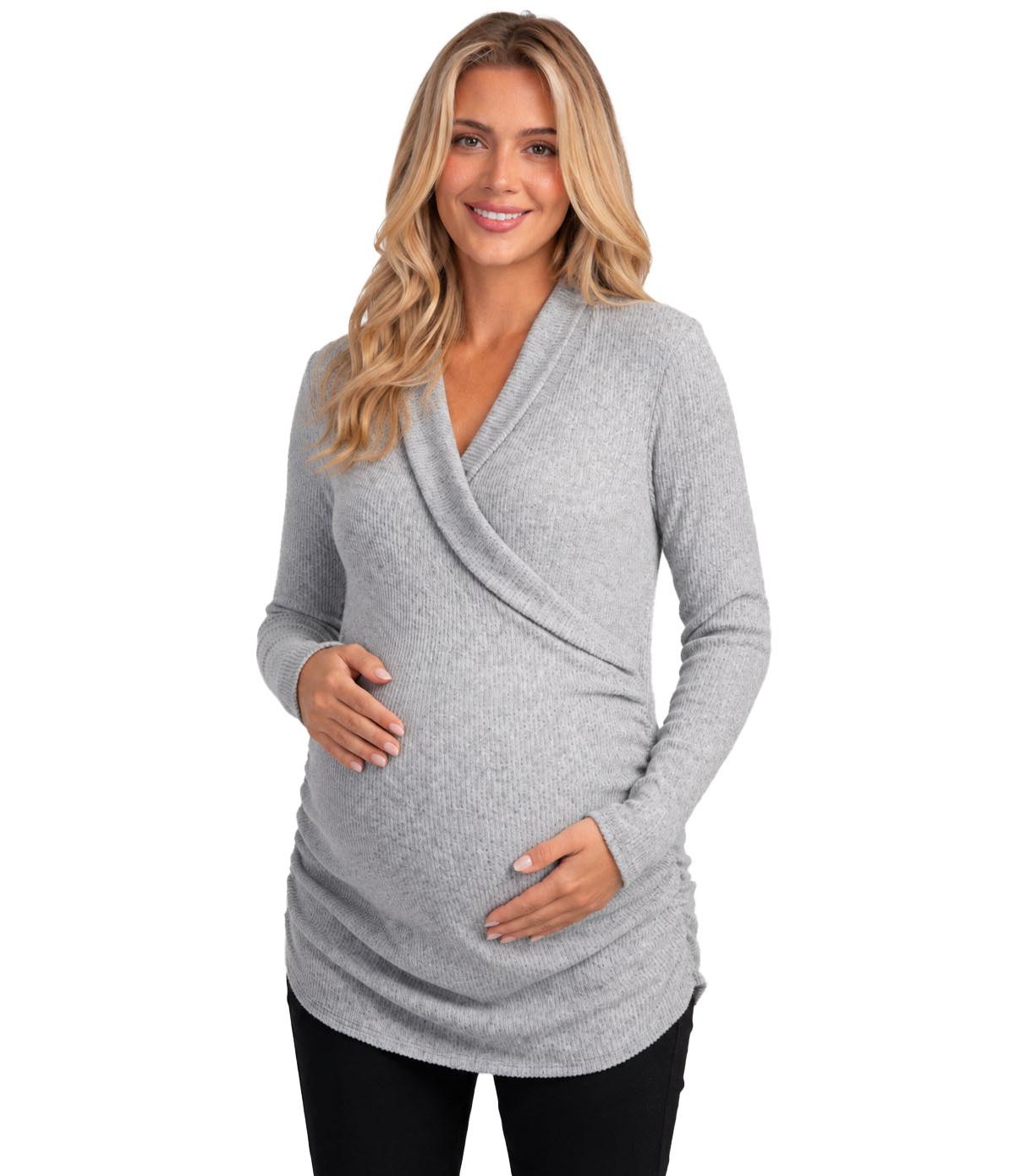 Hello Miz Maternity Nursing Ribbed-Knit Crossover V-Neck Long-Sleeve Top - Heather grey