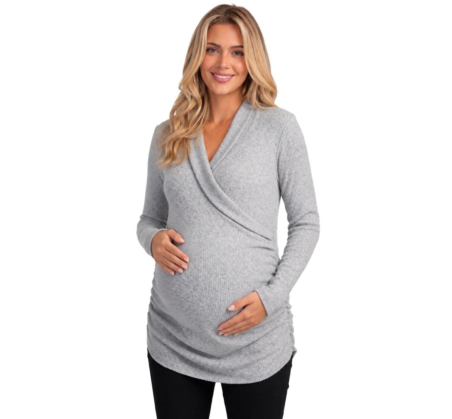 Maternity Nursing Ribbed-Knit Crossover V-Neck Long-Sleeve Top