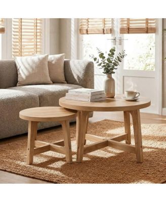 Set of 2 Round Nesting Coffee Tables, Natural Wood Modern Side Tables