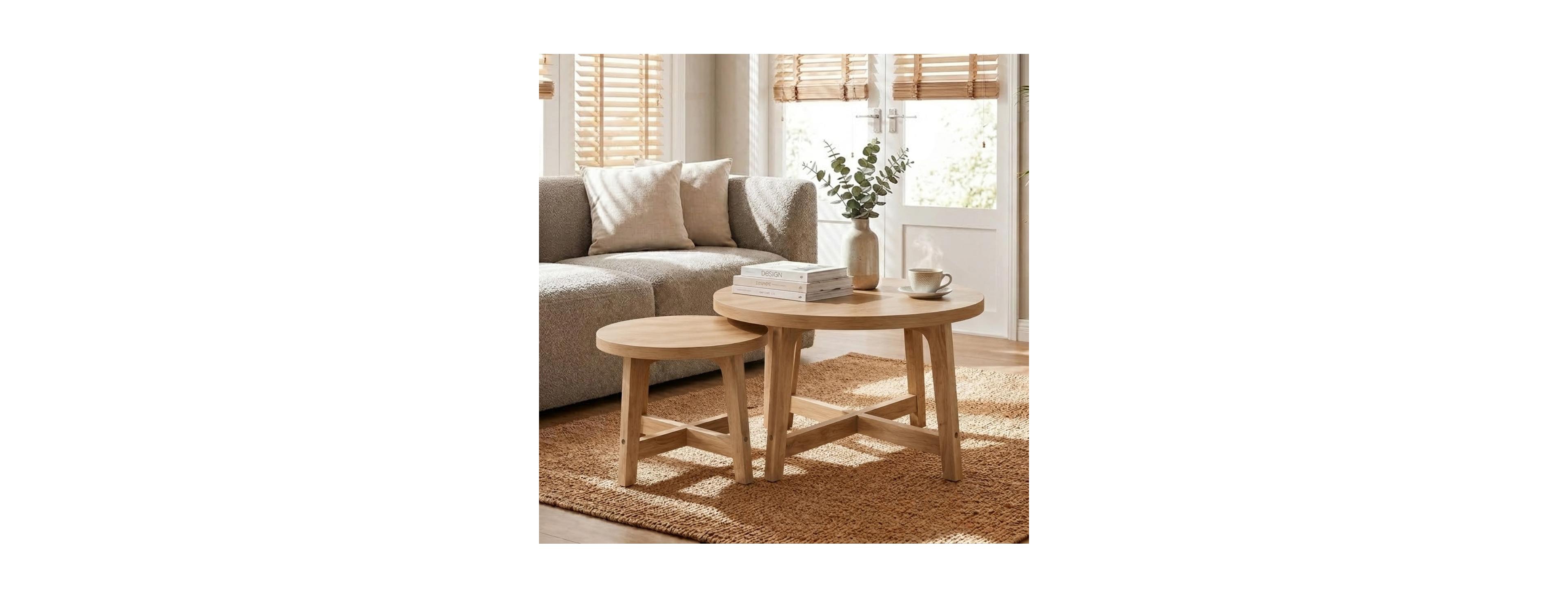 Streamdale Furniture Set of 2 Round Nesting Coffee Tables, Natural Wood Modern Side Tables