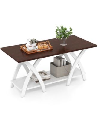 40 Inch Farmhouse Wooden 2 Tier Coffee Table with Storage Shelf for Living Room