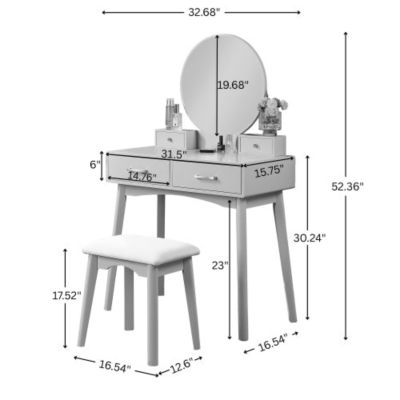 Contemporary Wood Vanity and Stool Set, Round Mirror, Rubberwood Frame, 32.68 Inch
