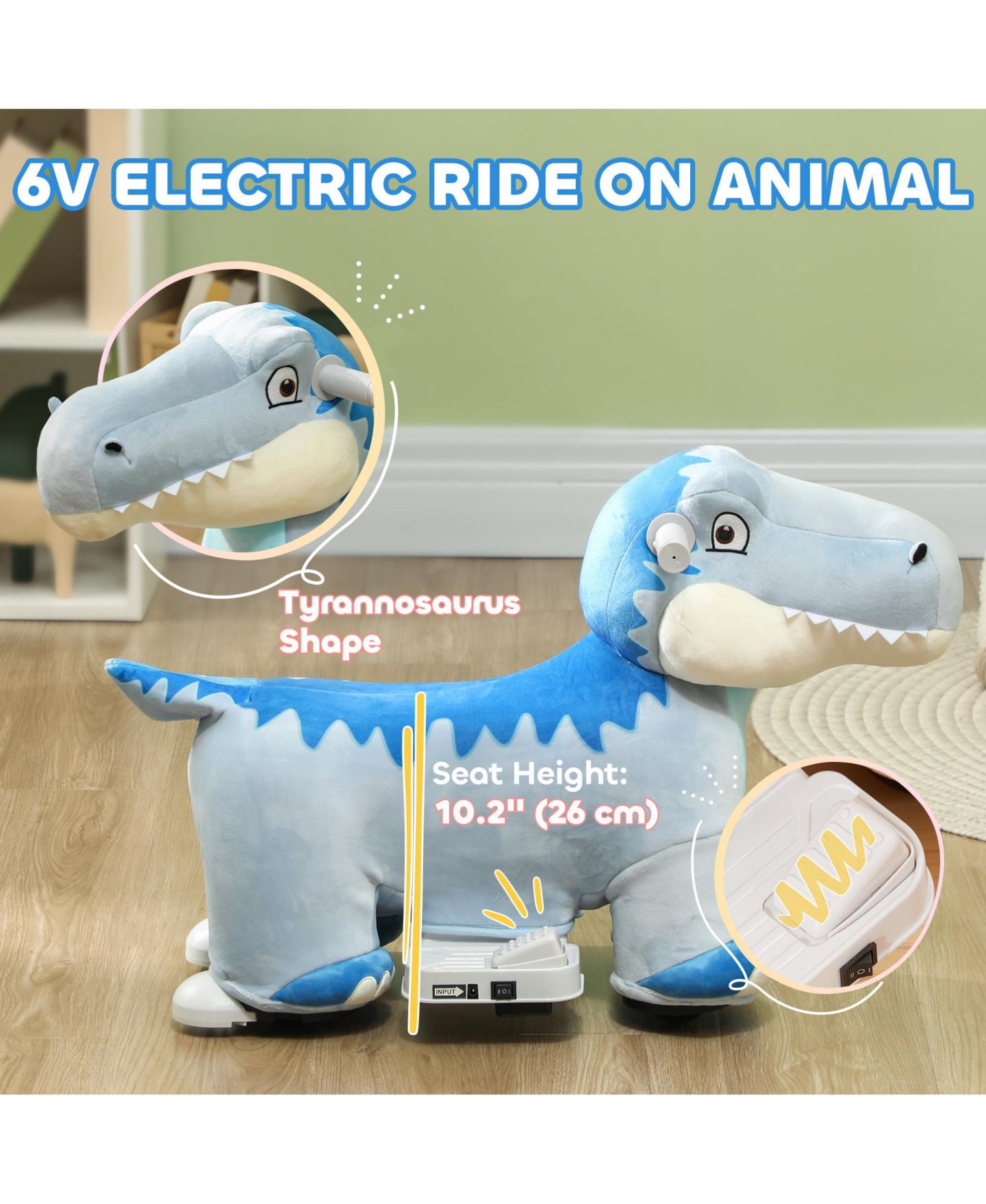 Детская мягкая игрушка Glintex 6V Tyrannosaurus Plush Battery-Powered Ride-On Toy, 55-lb Capacity, Ages 18-36 Months, цвет: Синий — фото 4