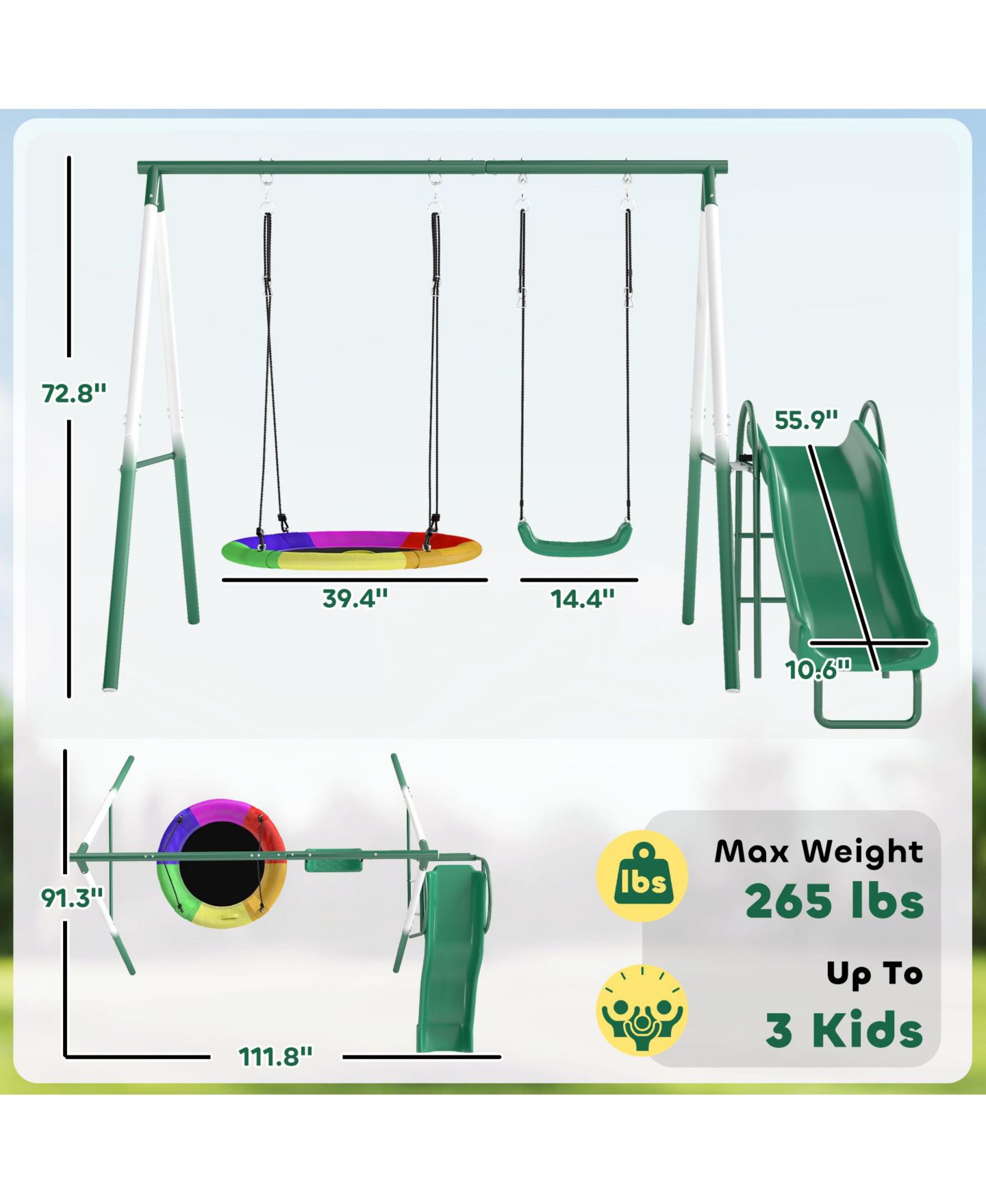 Детские игрушки Glintex Metal Heavy-Duty A-Frame Swing Set with Slide and Saucer Swing, Adjustable Ropes, For 3 Children, Ages 3+, цвет: Тёмный зелёный — фото 5