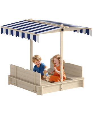 Wooden Kids Sandbox with Adjustable Canopy, Foldable Bench Seats and Bottom Liner, 41.7" Square, 45.3" Tall, Ages 2+