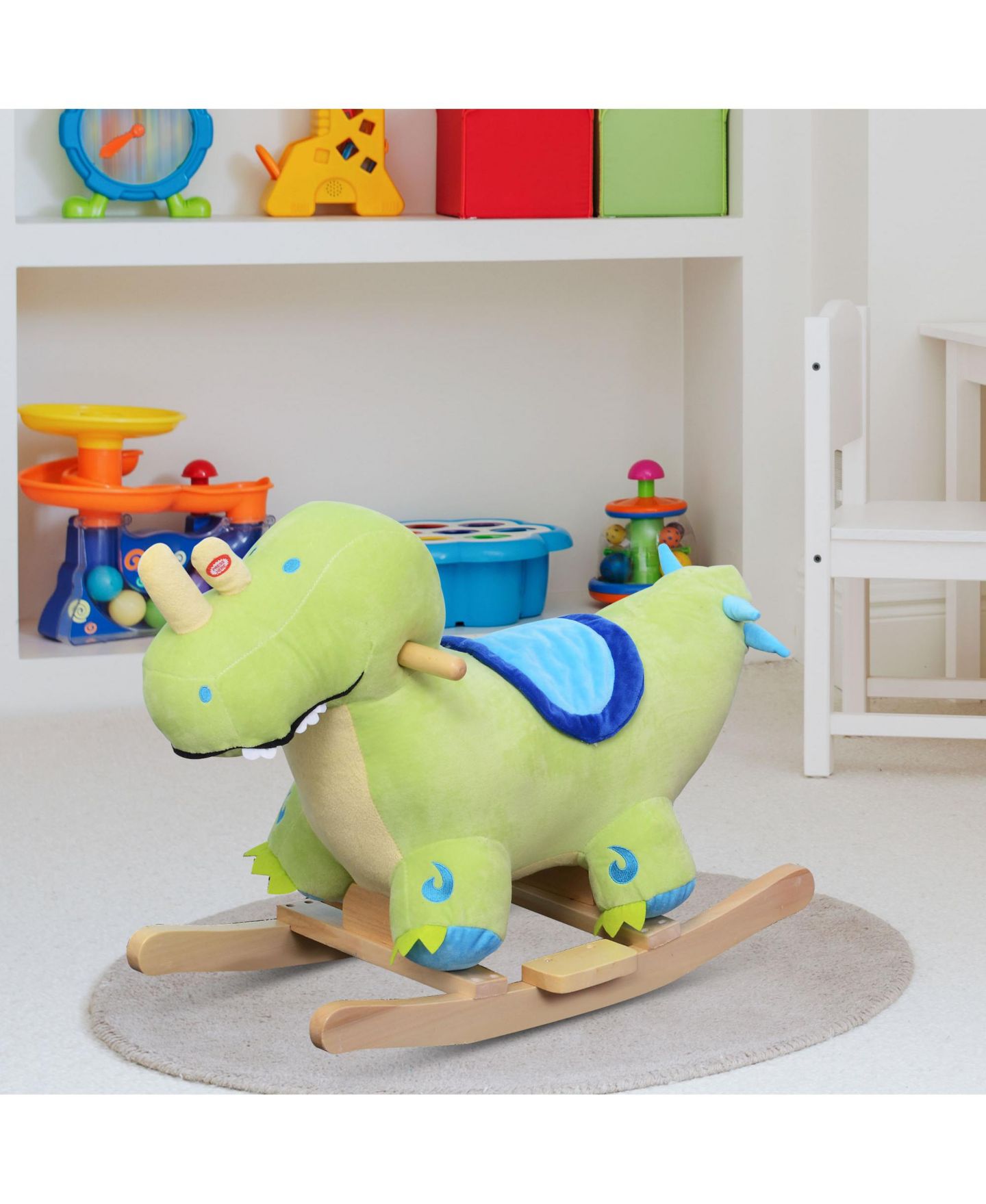 Детская мягкая игрушка Glintex Plush Ride-On Rocking Dinosaur with Realistic Sounds, 17.75" H, Wooden Base, Rocker, Holds 66 lbs, Ages 18 Months+, цвет: Зелёный — фото 2