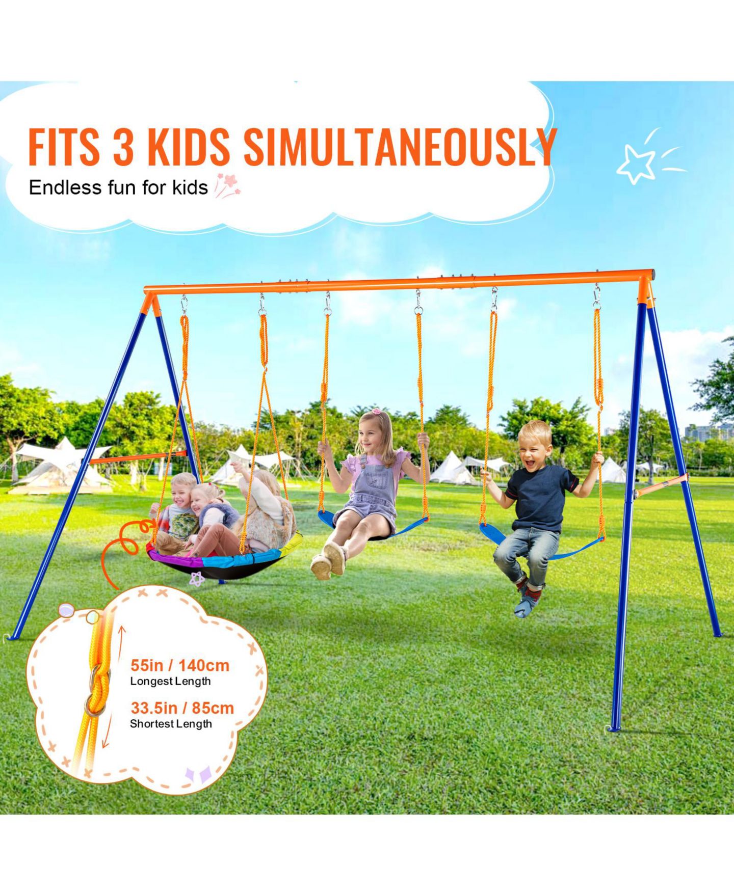 Детские игрушки Glintex Backyard 32" Steel Pipe A-Frame Swing Set with Adjustable Ropes, 600 lb Capacity, Ages 3+, цвет: Синий — фото 3