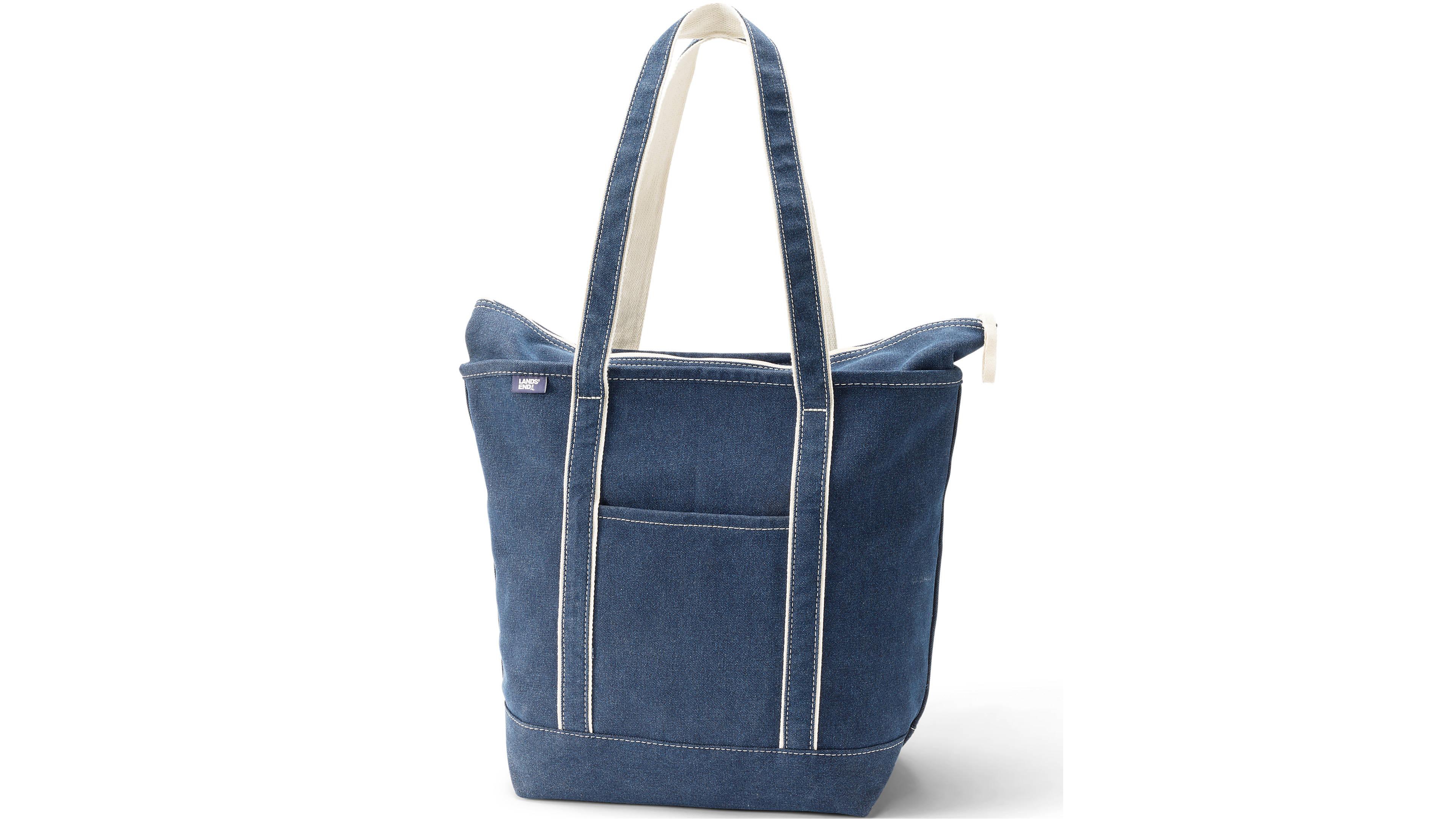 Lands' End Large Denim Long Handle Zip Top Tote Bag