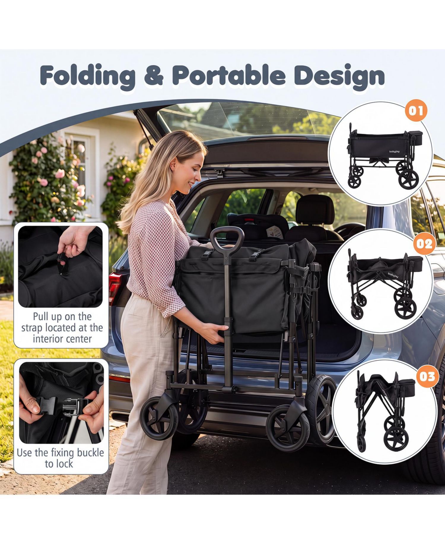 Foldable Wagon Stroller for 4 Kids with Removable Canopy
