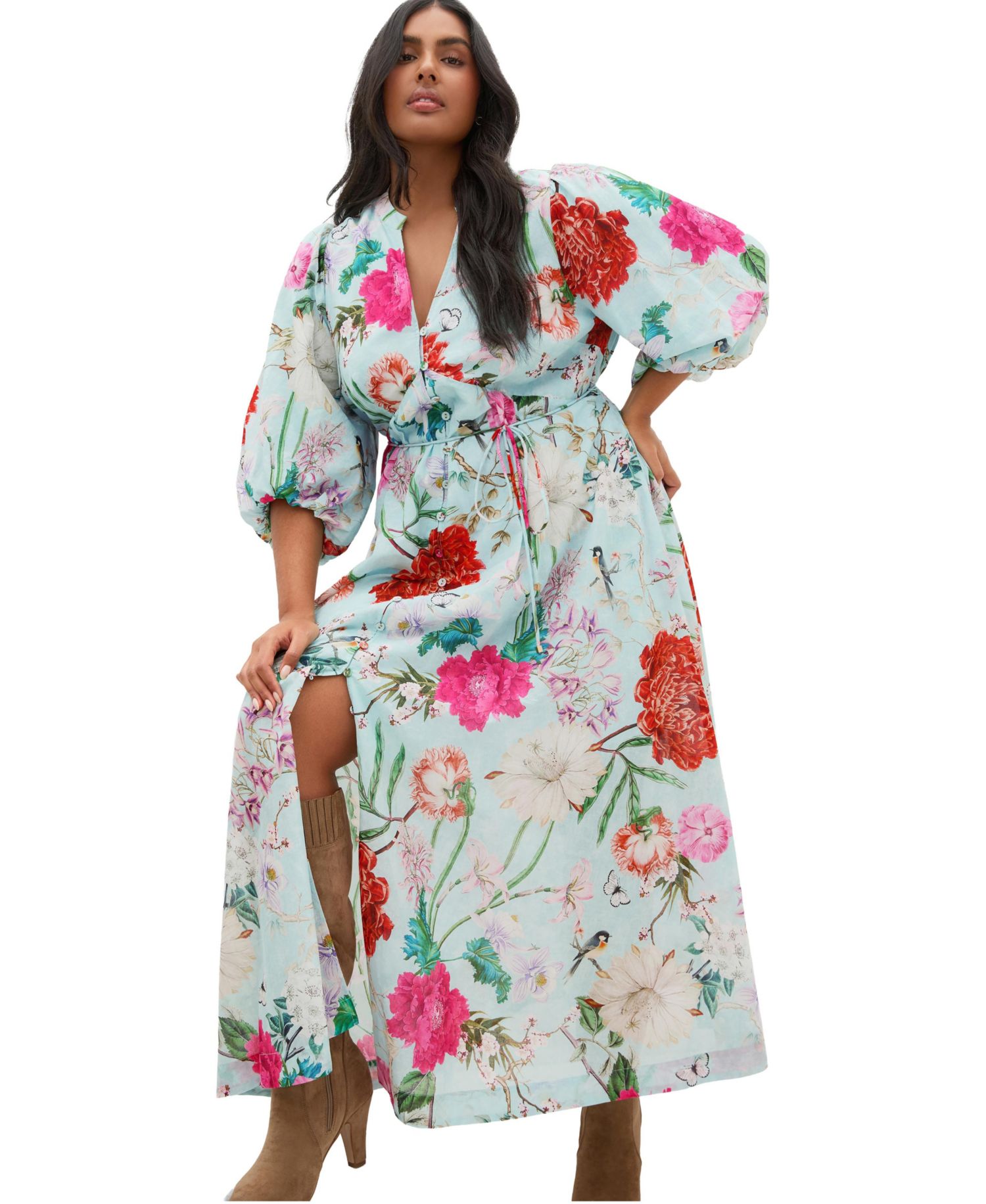 Plus Size Flora Floral-Print V-Neck Balloon-Sleeve Maxi Dress